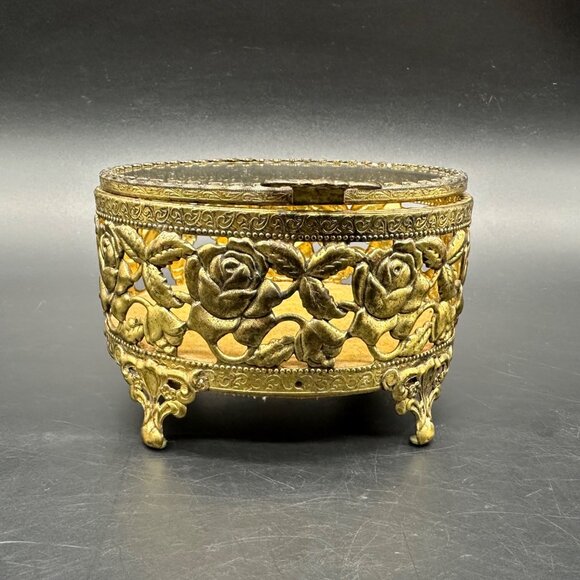 Vintage Jewelry Casket Box Floral Gold Tone Metal Glass Rose Flower Trinket Dish - Picture 2 of 10